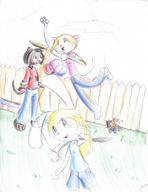Half Ken Kim Luna Maribelle Meon author_indifferent background blonde_hair carrying colour fence grass green_eyes pool toony // 633x821 // 653.2KB