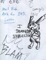 BLAM Bunni Gallivanting androgynous bottomless doodle explosion goofy ink ink_sketch long_ears note open_mouth shouting silly sketch text what yelling // 385x503 // 44.0KB