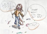 Inhuman Kilo New_Years Webcomic claws colour crayon dialogue heckshanian ink ink_sketch late male open_mouth pants party sketch text // 942x699 // 146.3KB